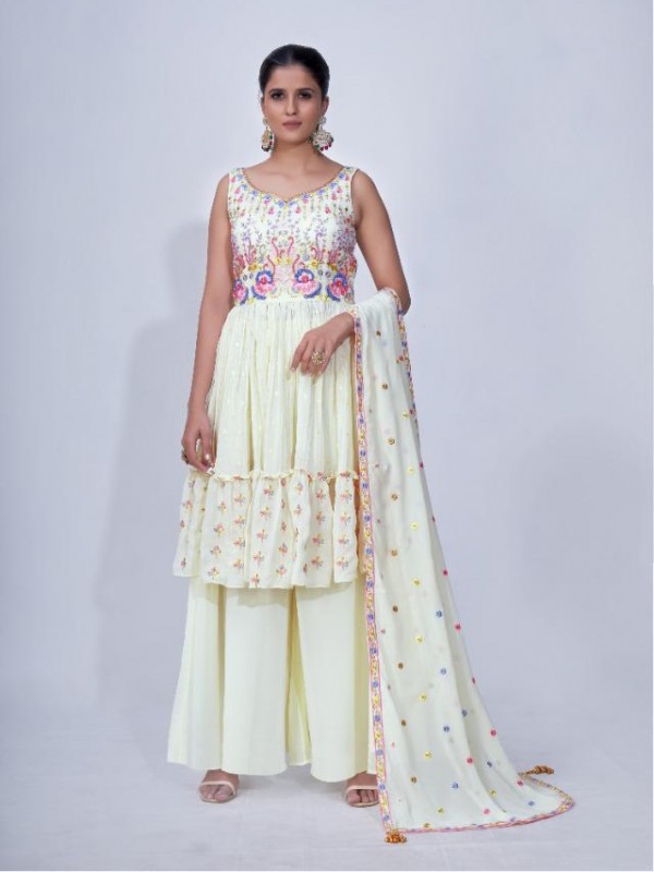 Chiffon Party Wear Ready made Sarara in white Color with  Embroidery Work