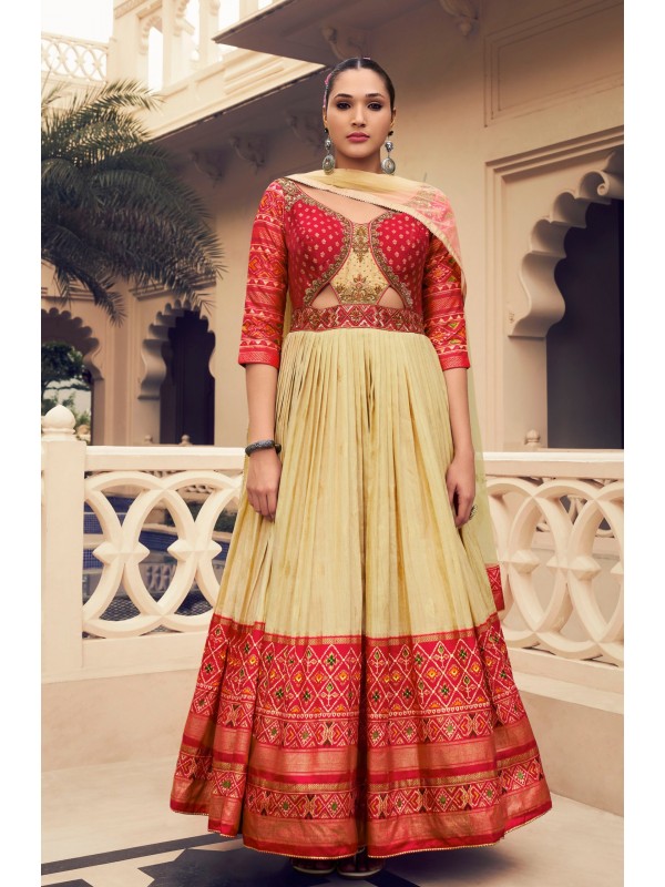 Pure Silk Weddomg Wear Gown Red & Cream Color with Embroidery Work
