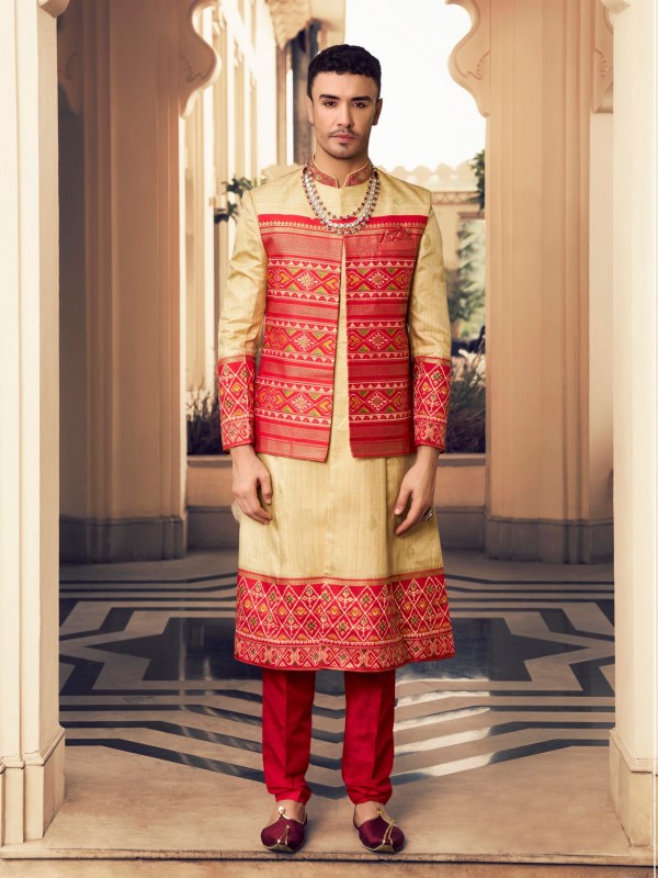 Pure Silk Readymade Kids Indowestern in Cream & Red Hand work 