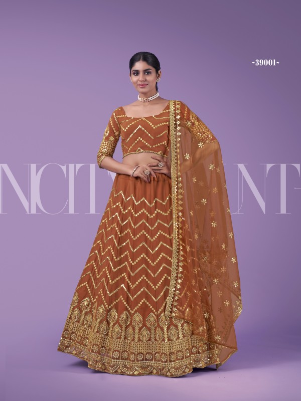 Georgette  Party Wear Lehenga In Rust With Embroidery Work