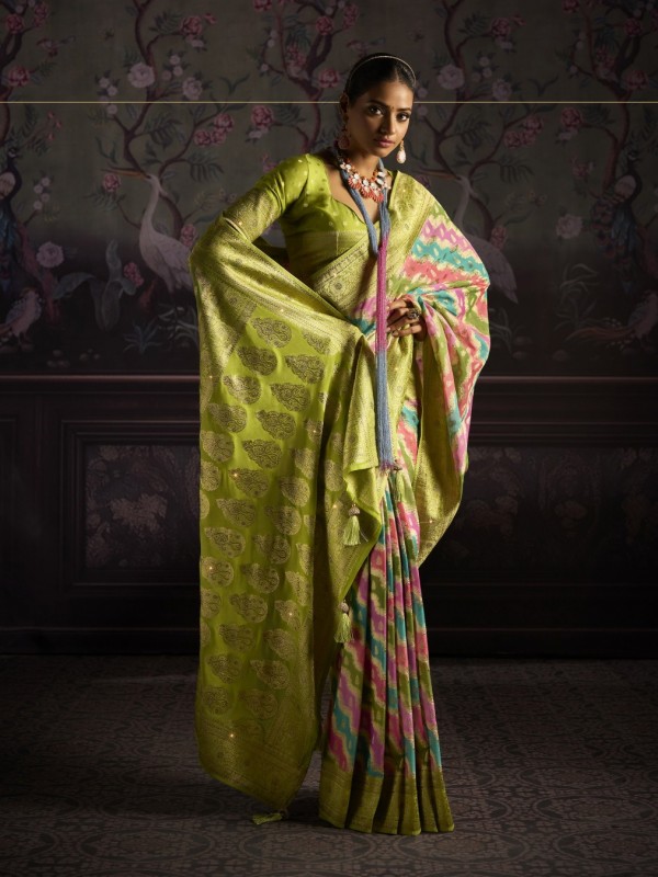 Fancy Silk Fabric Party wear Saree In Lemon Green Color with Swaroskvi Work 