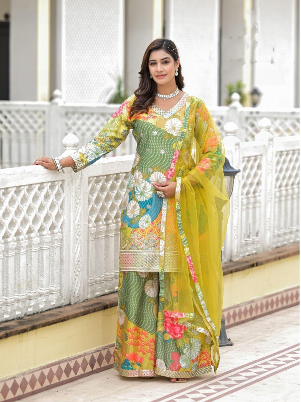 Pure Chinon Party Wear Sharara in Multi Color with Gota Embroidery Work