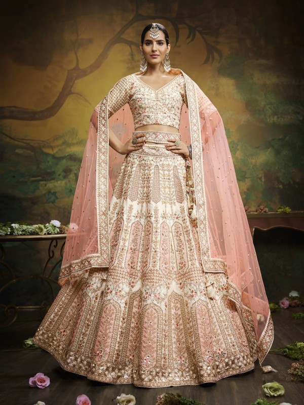 Pure Silk Party Wear Wear Lehenga In Off White Color With Embroidery Work 