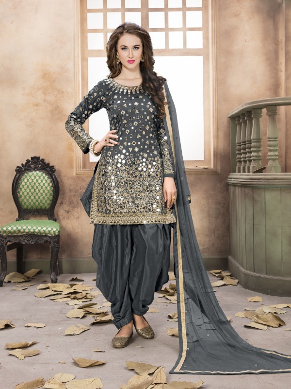 Satin Silk Party Wear Salwar Suit In Grey Embroidered Work,Stone ,Mirror work