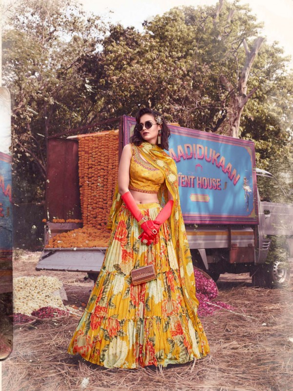 Chinon Fabrics Party Wear Lehenga in Mustard Color With Embroidery Work 