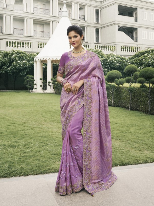 Pure Tissue Silk Wedding wear Lavender Color With Embroidery Work