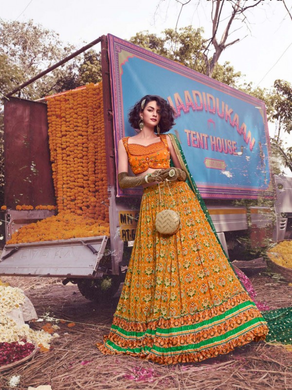 Chinon Fabrics Party Wear Lehenga in Mustard Color With Embroidery Work 