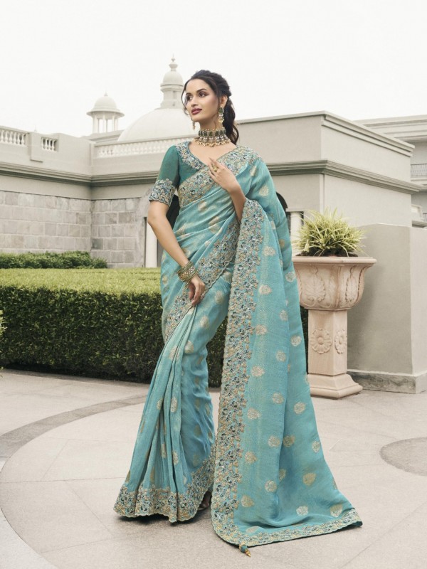 Pure Tissue Silk Wedding wear Turquoise Color With Embroidery Work