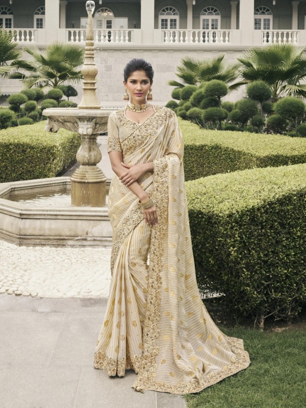 Pure Tissue Silk Wedding wear Golden Color With Embroidery Work