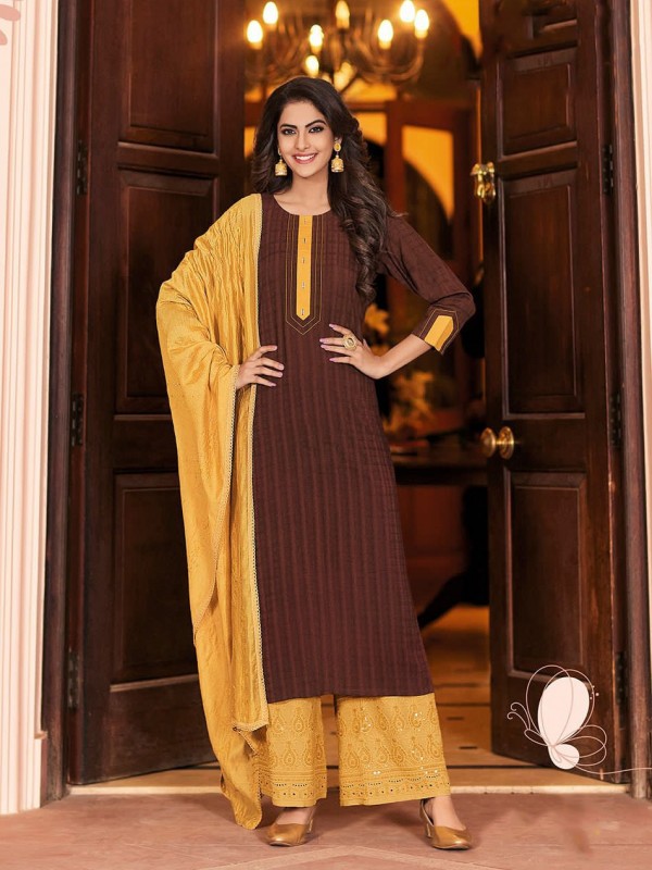 Pure Rayon Fabric Party Wear Suit In Brown Color With Embroidery Work 