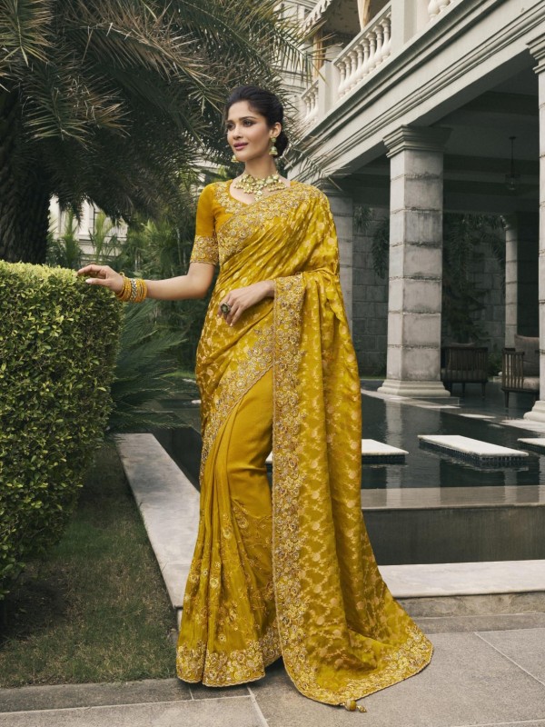 Pure Tissue Silk Wedding wear Yellow Color With Embroidery Work