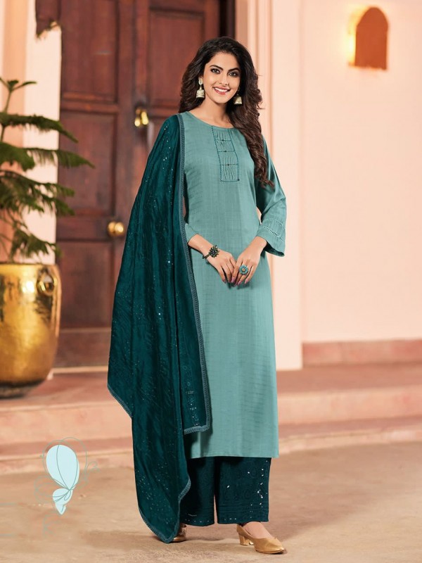 Pure Rayon Fabric Party Wear Suit In Turquoise Color With Embroidery Work 