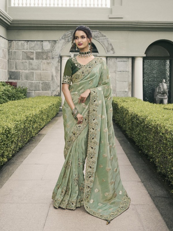 Pure Tissue Silk Wedding wear Pastel Green Color With Embroidery Work