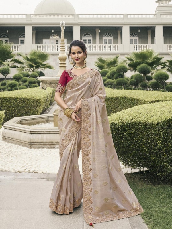 Pure Tissue Silk Wedding wear Beige Color With Embroidery Work