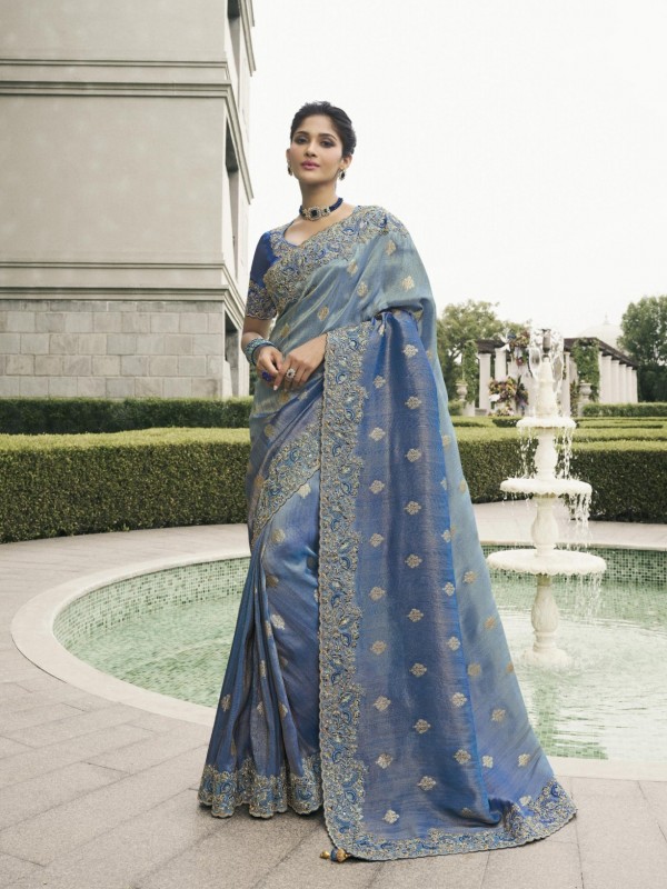 Pure Tissue Silk Wedding wear Blue Color With Embroidery Work