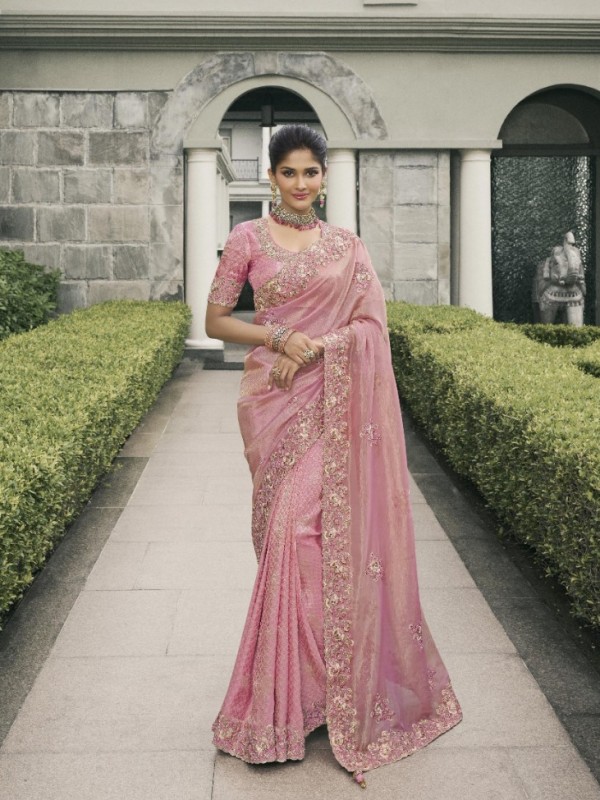 Pure Tissue Silk Wedding wear Pink Color With Embroidery Work