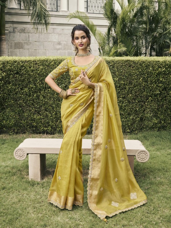 Pure Tissue Silk Wedding wear Yellow Color With Embroidery Work