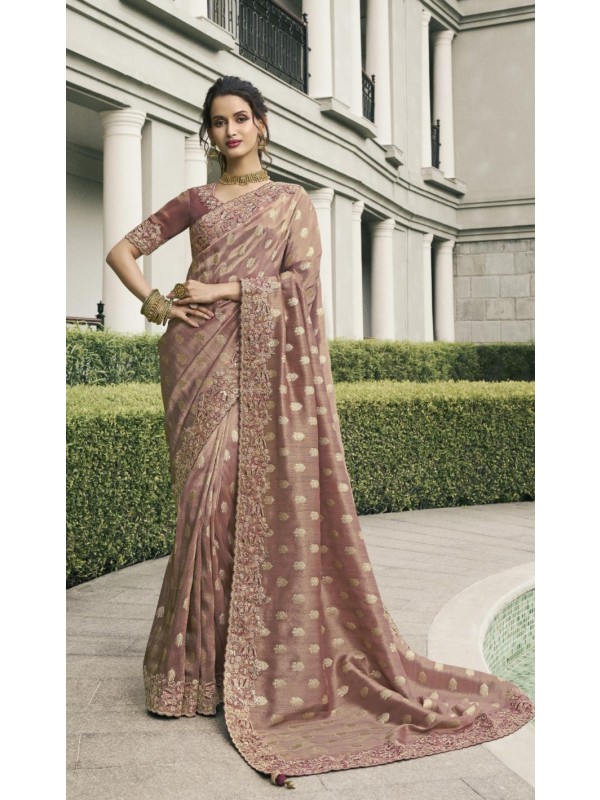 Pure Tissue Silk Wedding wear Beige Color With Embroidery Work