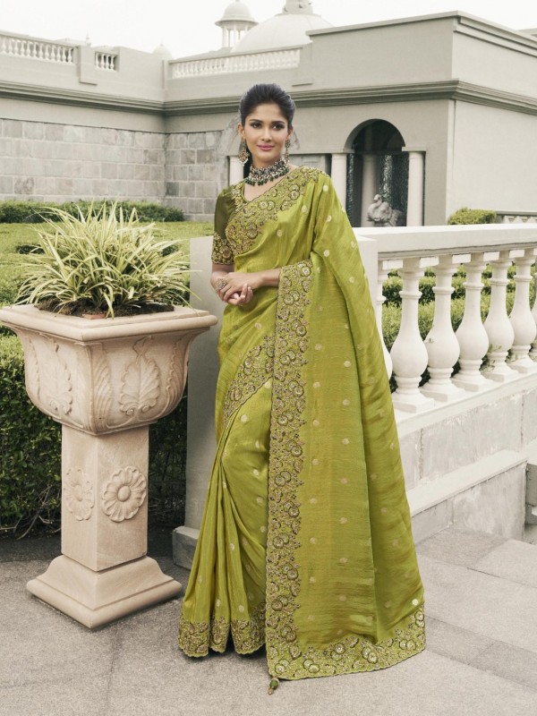 Pure Tissue Silk Wedding wear Lemon Green Color With Embroidery Work