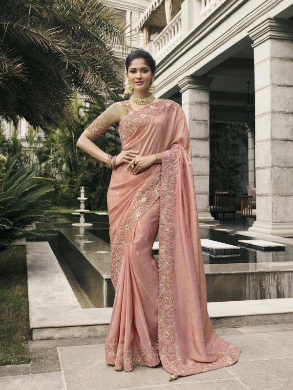 Pure Tissue Silk Wedding wear Peach Color With Embroidery Work