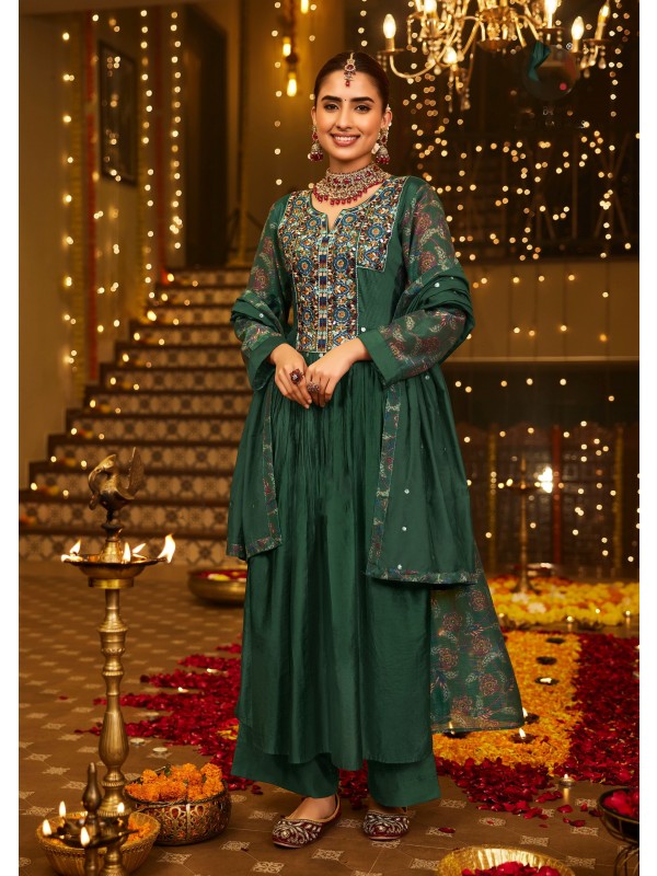 Pure Viscose Silk Party Wear Suit In Green Color With Embroidery Work 