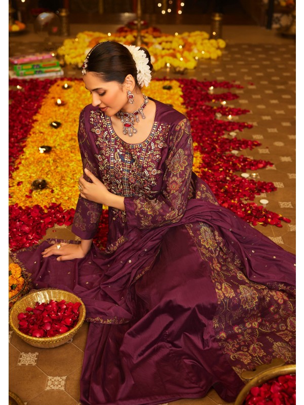 Pure Viscose Silk Party Wear Suit In Wine Color With Embroidery Work 