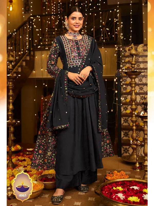 Pure Viscose Silk Party Wear Suit In Black Color With Embroidery Work 