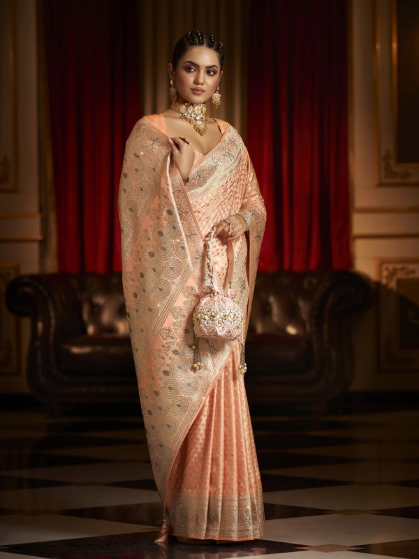 Fancy Silk Fabric Party wear Saree In Peach color with Swaroskvi Work 