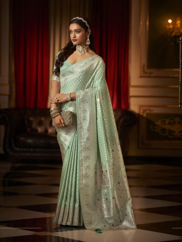 Fancy Silk Fabric Party wear Saree In Light Green color with Swaroskvi Work 