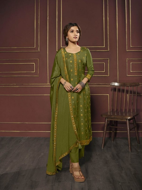 Pure Dola  Silk Party Wear Suit in Green Color with Embroidery Work