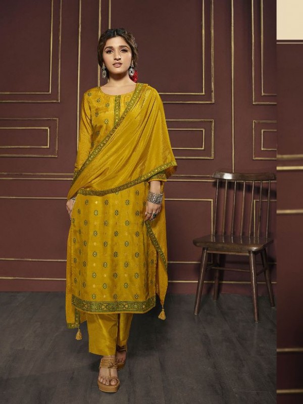 Pure Dola  Silk Party Wear Suit in Yellow Color with Embroidery Work