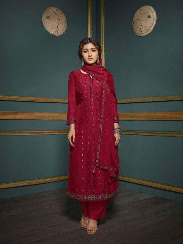 Pure Dola  Silk Party Wear Suit in Red Color with Embroidery Work
