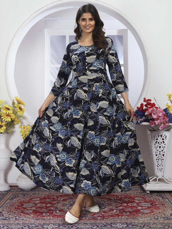 Rayon Silk Party Wear Salwar Suit in Navy Blue Color   