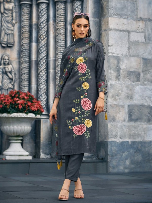 Pure viscose Party Wear Suit in Grey Color With Embroidery Work