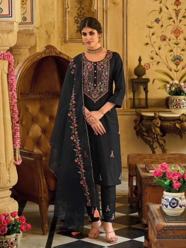 Pure viscose Party Wear Suit in Black Color With Embroidery Work