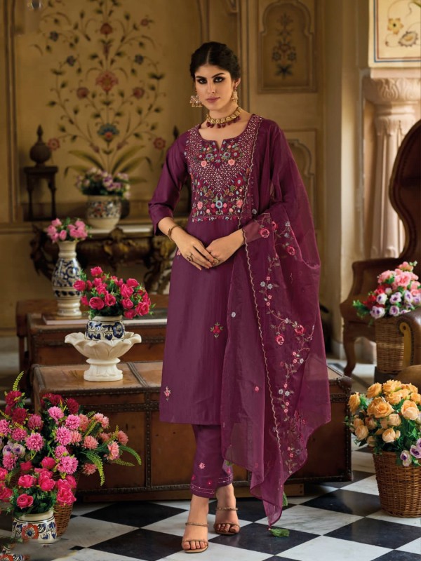 Pure viscose Party Wear Suit in Purple Color With Embroidery Work