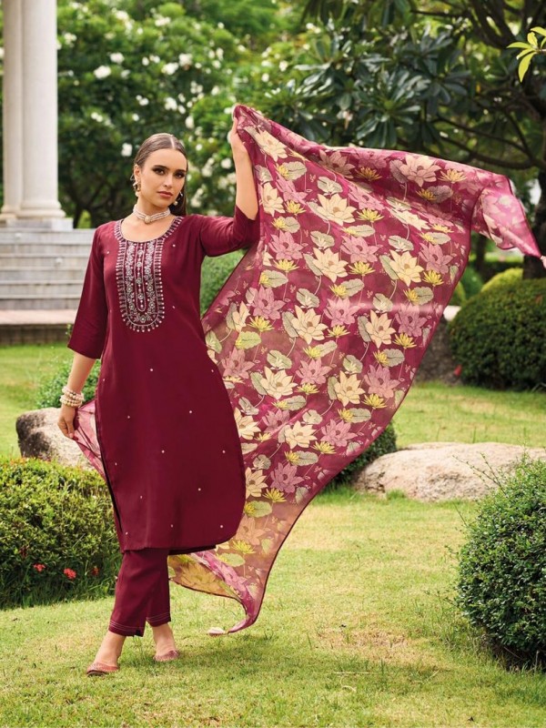 Pure Silk Party Wear Suit in Maroon Color With Embroidery Work