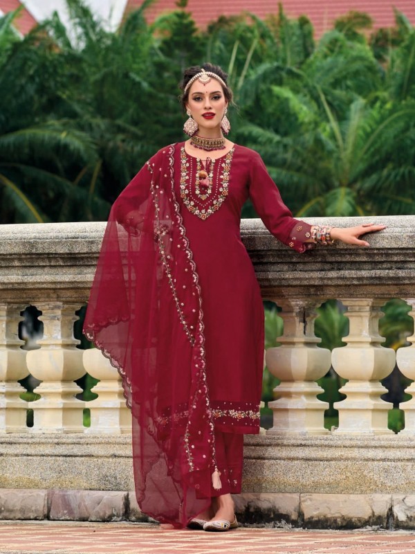 Pure Viscose Silk Party Wear Suit In Red Color With Embroidery Work 