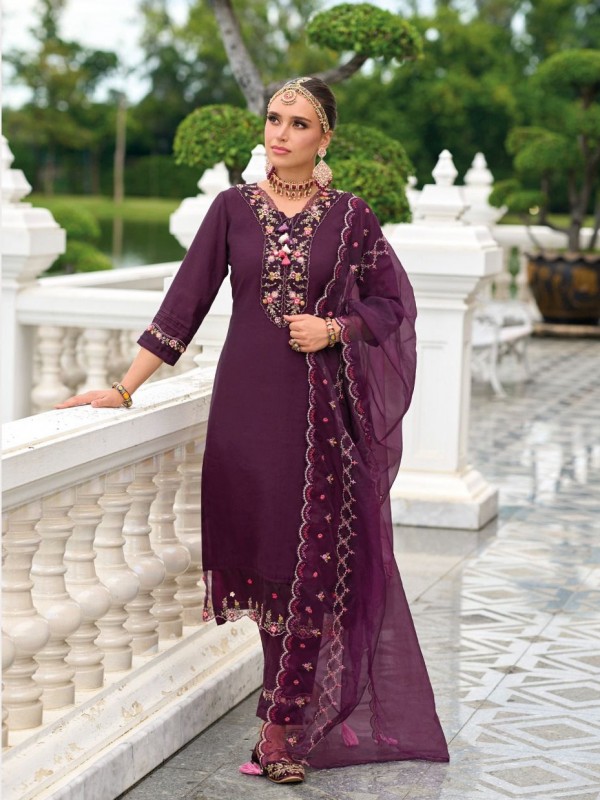 Pure Viscose Silk Party Wear Suit In Purple Color With Embroidery Work 