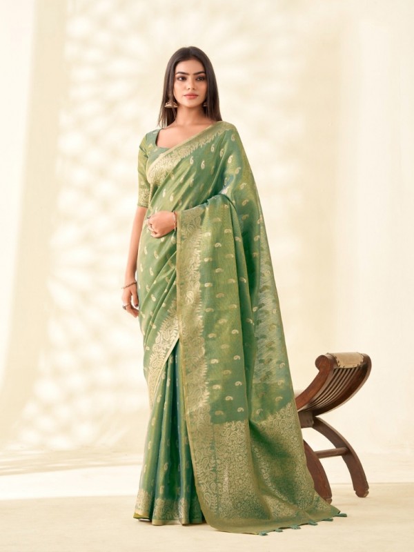 Pure Tissue Silk Party wear Saree In Green Color with Zari Butii Weaving Work 