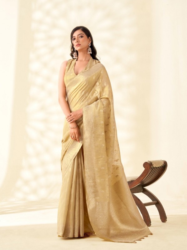 Pure Tissue Silk Party wear Saree In Golden Color with Zari Butii Weaving Work 