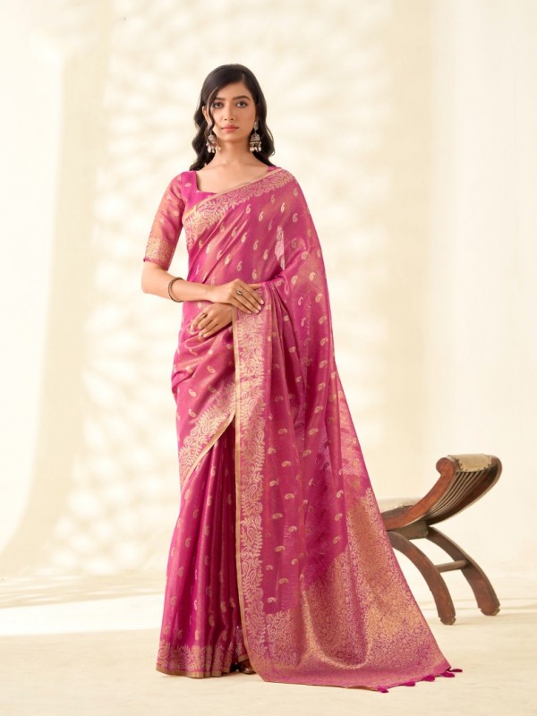 Pure Tissue Silk Party wear Saree In Pink Color with Zari Butii Weaving Work 