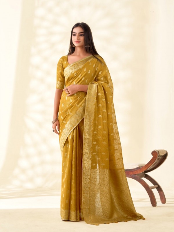 Pure Tissue Silk Party wear Saree In Mustard Color with Zari Butii Weaving Work 