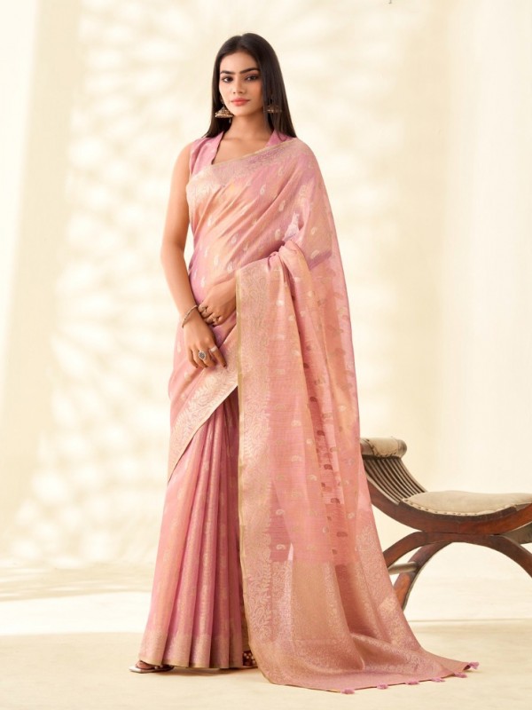 Pure Tissue Silk Party wear Saree In Peach Color with Zari Butii Weaving Work 