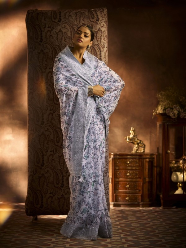 Pure Silk Party wear Saree In Sky Blue Color with Embroidery Work 