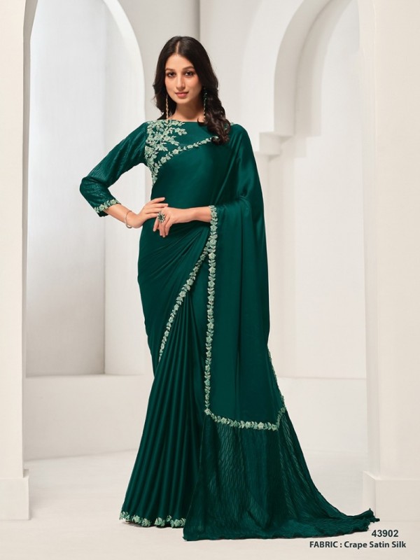 Crepe Silk Party wear Saree In Green Color with Hand Work 