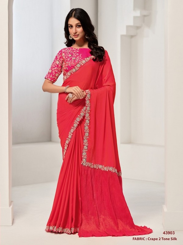 Crepe Silk Party wear Saree In Red Color with Hand Work 