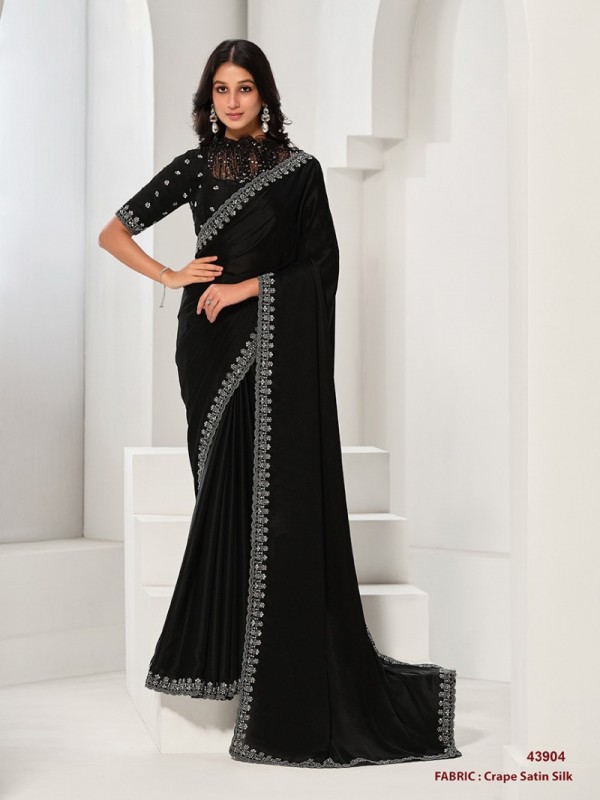 Crepe Silk Party wear Saree In Black Color with Hand Work 