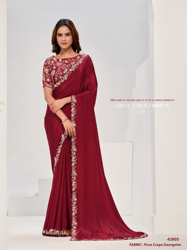 Crepe Silk Party wear Saree In Red Color with Hand Work 