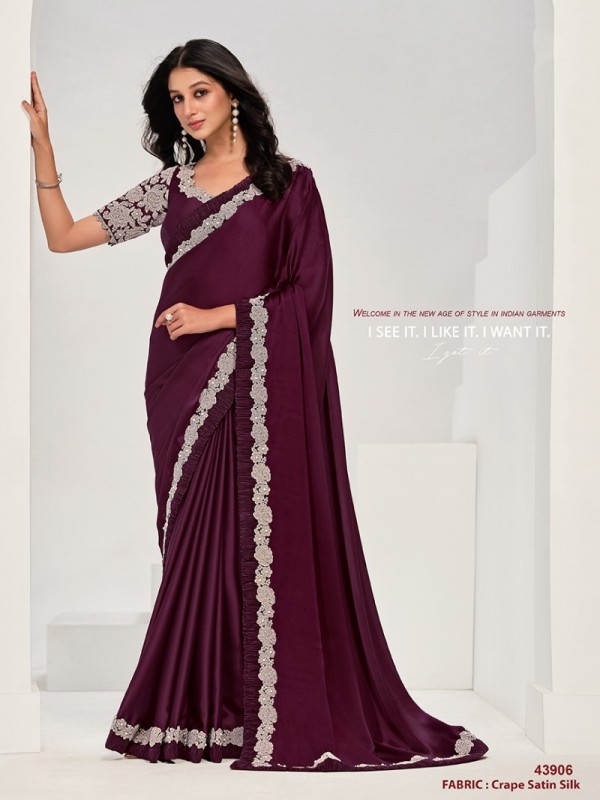 Crepe Silk Party wear Saree In Purple Color with Hand Work 
